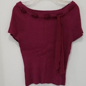 〰️George〰️ Ribbed Boat Neck Ribbon Detail Top in Burgundy L
